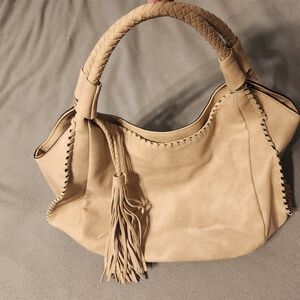 Sondra Roberts Tan Shoulder Bag with Braided Handle and Tassel